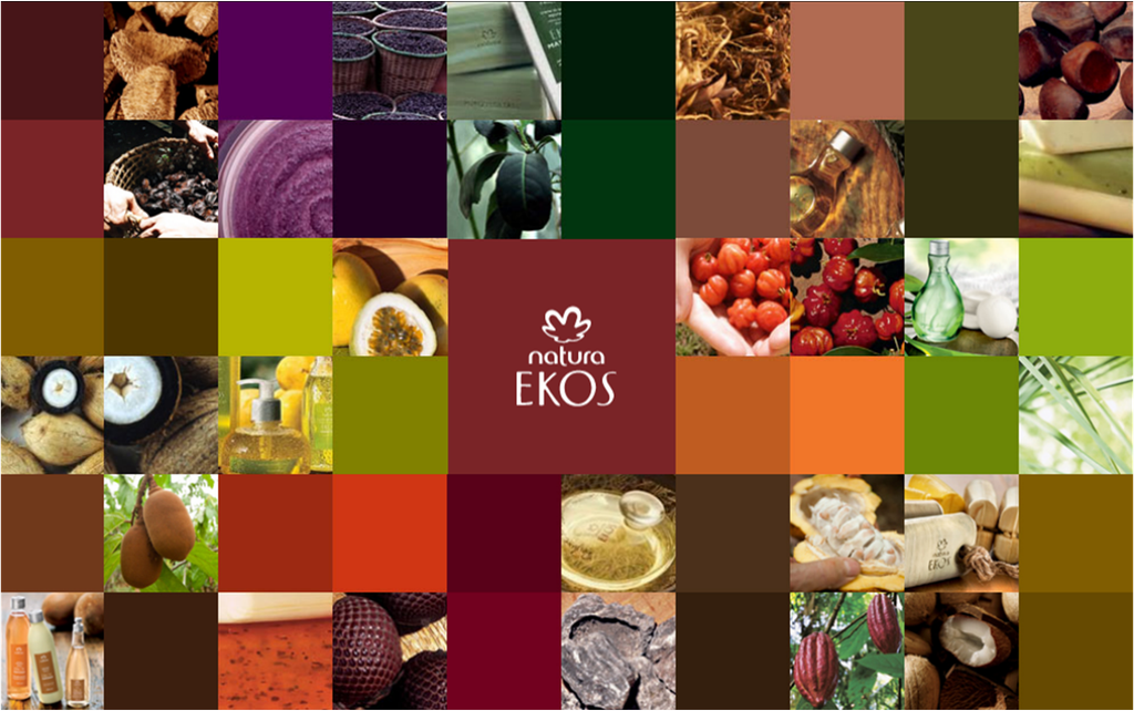 Banner de propaganda da Natura Ekos representando frutos brasileiros em seus produtos.