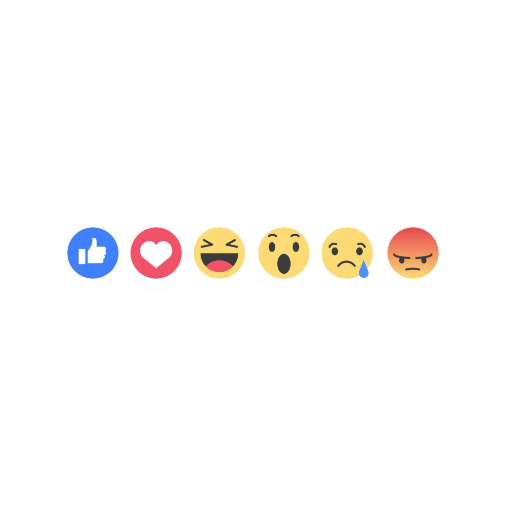 Emoticons do facebook, reações de curtir, coração, risos, surpreso, triste, raiva.